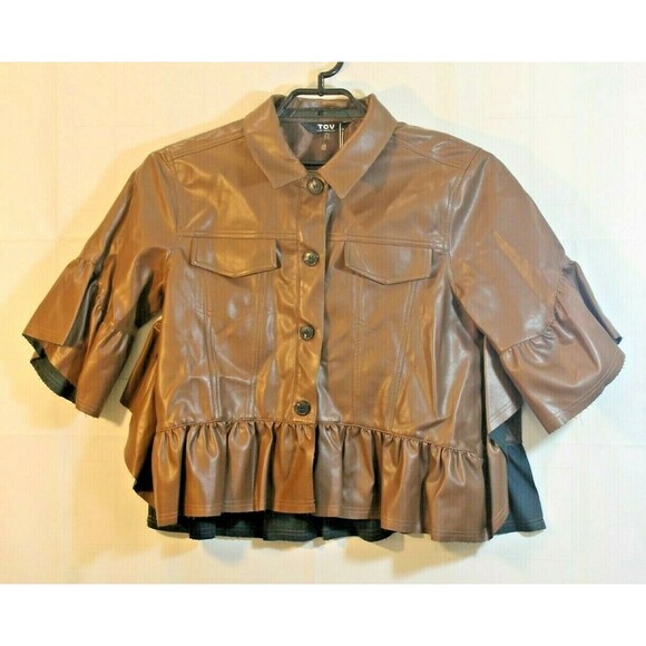 TOV Los Angeles Jacket NWT Brown Faux Leather Cropped Raw Cut Ruffled Size 12 - Picture 2 of 7